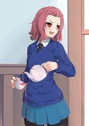 Rule 34 | 1girl, black necktie, black pantyhose, blue skirt, blue sweater, commentary, cup, dress shirt, girls und panzer, highres, holding, holding cup, holding teapot, indoors, kakimoto nao, long sleeves, looking to the side, medium hair, miniskirt, necktie, open mouth, pantyhose, pleated skirt, pouring, red eyes, red hair, rosehip (girls und panzer), school uniform, shirt, skirt, smile, solo, spilling, st. gloriana&#039;s school uniform, standing, sweater, tea, teacup, teapot, v-neck, white shirt, wing collar