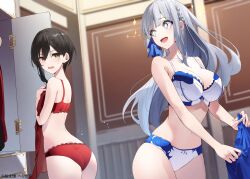 Rule 34 | 2girls, :d, absurdres, ass, back, black hair, blunt bangs, blurry, blurry background, bra, braid, breast envy, breasts, commentary request, covering breasts, covering privates, flat chest, grey hair, hair between eyes, hair ribbon, herigaru (fvgyvr000), highres, lace, lace-trimmed bra, lace trim, large breasts, locker, locker room, long hair, looking at another, multiple girls, navel, open mouth, original, panties, red bra, red panties, ribbon, second-party source, short hair, sidelocks, smile, standing, star-shaped pupils, star (symbol), symbol-shaped pupils, underwear, undressing, wavy hair, white bra, white panties, yellow eyes
