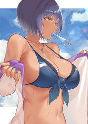 Rule 34 | 1girl, absurdres, bare arms, bare shoulders, bikini, bikini tan, blue bikini, blue hair, blue nails, blue sky, breasts, cleavage, cloud, day, eyelashes, fingernails, food, from side, front-tie top, halterneck, halterneck, highres, jewelry, large breasts, lens flare, looking away, mole, mole under eye, mouth hold, nail polish, navel, necklace, nijisanji, popsicle, shizuka rin, short hair, sky, skysign ft, solo, stomach, sweat, swimsuit, tan, tanline, upper body, virtual youtuber, wet, yellow eyes