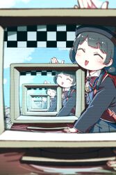 Rule 34 | 1girl, ^ ^, absurdres, aged down, backpack, bag, black hair, black jacket, black skirt, blazer, blurry, blurry foreground, blush, bow, bowtie, child, closed eyes, collared shirt, commentary request, crt, facing viewer, hair over shoulder, hand on table, head tilt, highres, jacket, long sleeves, low twintails, multiple views, nijisanji, open mouth, pleated skirt, recursion, red bag, red bow, red bowtie, sandaru (sandalion1), scanlines, school uniform, shirt, skirt, smile, tsukino mito, tsukino mito (11th costume), twintails, virtual youtuber, white shirt