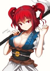 Rule 34 | 1girl, breasts, character name, cleavage, coin, collarbone, female focus, hair bobbles, hair ornament, medium breasts, nosuku, obi, onozuka komachi, red eyes, red hair, sash, scythe, short hair, short sleeves, solo, touhou, twintails, two side up