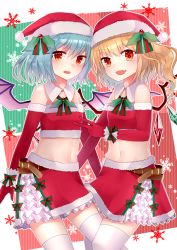 Rule 34 | 2girls, absurdres, alternate costume, bare shoulders, bat wings, belt, blonde hair, blue hair, blush, christmas, detached collar, elbow gloves, fang, flandre scarlet, gloves, hair ornament, hat, highres, holly, holly hair ornament, looking at viewer, midriff, miniskirt, multiple girls, open mouth, red eyes, red gloves, remilia scarlet, sakizaki saki-p, santa costume, santa hat, siblings, sisters, skirt, smile, snowflakes, strapless, thighhighs, thighs, touhou, tube top, white legwear, wings, zettai ryouiki