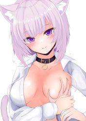 Rule 34 | 1girl, animal collar, animal ear fluff, animal ears, bakko, blush, breasts, cat ears, cat girl, cat tail, closed mouth, collar, commentary request, grabbing, grabbing another&#039;s breast, grabbing another's breast, guided breast grab, guiding hand, head tilt, heart, highres, hololive, long sleeves, looking at viewer, medium breasts, nekomata okayu, nekomata okayu (oversized shirt), open clothes, open shirt, pov, pov hands, purple eyes, purple hair, shirt, short hair, simple background, smile, tail, upper body, virtual youtuber, white background, white shirt