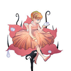 Rule 34 | 1girl, aldnoah.zero, bare shoulders, blonde hair, blue eyes, braid, chino kawashiku, cosplay, dew drop, dress, eddelrittuo, flower, full body, grimm&#039;s fairy tales, high heels, holding, jewelry, necklace, pearl necklace, plant, pumps, ribbon, simple background, sitting, solo, stone, surreal, thumbelina, water drop, white background, wristband