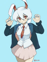 Rule 34 | 1girl, absurdres, animal ears, black jacket, blue background, blue nails, buzzo (artist), collared shirt, commentary request, cowboy shot, dated, hands up, highres, jacket, long hair, long sleeves, looking at viewer, necktie, open clothes, open jacket, pink skirt, rabbit ears, rabbit girl, red eyes, red necktie, reisen udongein inaba, shirt, simple background, skirt, solo, touhou, white hair, white shirt
