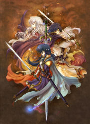 Rule 34 | 1girl, 2boys, blue eyes, blue hair, cape, chain, circlet, deirdre (fire emblem), dress, father and son, fire emblem, fire emblem: genealogy of the holy war, flag, gloves, hand on own chest, headband, holding, holding sword, holding weapon, husband and wife, jewelry, light purple hair, long hair, mother and son, multiple boys, nintendo, own hands together, ponytail, purple eyes, red-50869, seliph (fire emblem), sheath, short hair, sigurd (fire emblem), simple background, sword, tyrfing (fire emblem), weapon