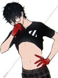 Rule 34 | 1boy, amamiya ren, black hair, black shirt, clothes lift, glasses, gloves, grey eyes, hair between eyes, highres, lifting own clothes, looking at viewer, male focus, pants, persona, persona 5, persona 5: dancing star night, persona dancing, plaid, plaid pants, red gloves, shirt, shirt lift, simple background, solo, sonomi, sweat, t-shirt, twitter username, upper body