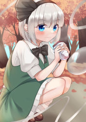Rule 34 | 1girl, artist name, autumn, autumn leaves, black bow, black bowtie, black hairband, blue eyes, blue sky, blunt bangs, blush, bob cut, bow, bowtie, breasts, brown footwear, closed mouth, collar, collared shirt, eating, eyes visible through hair, food, ghost, gradient clothes, green skirt, green vest, grey hair, grey hairband, hair between eyes, hairband, hands up, highres, konpaku youmu, konpaku youmu (ghost), looking at viewer, medium breasts, puffy short sleeves, puffy sleeves, rital, shirt, shoes, short hair, short sleeves, signature, skirt, sky, socks, solo, touhou, tree, vest, white shirt, white socks