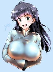 Rule 34 | 1girl, ahoge, bad id, bad pixiv id, black hair, chinese clothes, genderswap, genderswap (mtf), green eyes, hands in opposite sleeves, highres, long hair, looking at viewer, marimo (yousei ranbu), mousse (ranma 1/2), no eyewear, open mouth, raised eyebrow, ranma 1/2, solo, straight hair, tangzhuang, upper body