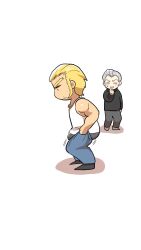 Rule 34 | 2boys, ass, bara, blonde hair, blush, bulge, bulge lift, character request, chibi, denim, dressing, feet out of frame, from side, highres, i&#039;ve never seen a guy recreate this successfully tbh (meme), jeans, long sideburns, male focus, meme, motion lines, multiple boys, muscular, muscular male, open pants, pants, pants lift, rorondo, short hair, sideburns, sweatdrop, tank top, undersized clothes, white tank top