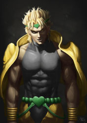 Rule 34 | 1boy, artist name, blonde hair, collar, cowboy shot, dio brando, earrings, fangs, gradient background, headband, highres, jacket, jacket on shoulders, jewelry, jojo no kimyou na bouken, kubrick stare, light particles, male focus, poppyminty, signature, slit pupils, solo, veins, wrist cuffs, yellow eyes