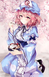 Rule 34 | 1girl, absurdres, black footwear, blue hat, blue kimono, closed mouth, floral print, flower, food, full body, hat, highres, japanese clothes, kimono, mob cap, orchid (orukido), outdoors, pink flower, pink hair, saigyouji yuyuko, seiza, short hair, sitting, smile, solo, split mouth, spoon, touhou, triangular headpiece, white legwear