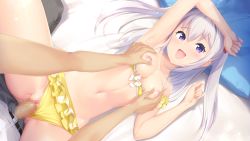 Rule 34 | 1girl, armpits, arms up, asamori mitsuki, bed, bikini, bikini bottom aside, bikini pull, blush, boku no mirai wa koi to kakin to, grabbing another&#039;s breast, breasts, breasts out, censored, clothed sex, clothes pull, clothing aside, frilled bikini, frills, from above, game cg, grabbing, groin, highres, legs, light purple hair, looking at viewer, lying, medium breasts, mosaic censoring, navel, nipples, nironiro, on bed, open mouth, original, penis, pillow, purple eyes, pussy, sex, spread legs, swimsuit, thighs, twintails, two side up, underwear, vaginal