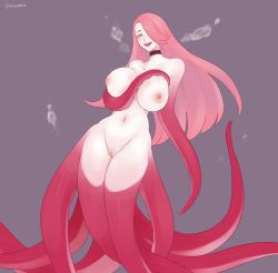 Rule 34 | 1girl, :d, air bubble, bad id, bad tumblr id, between breasts, black choker, blue eyes, blush, breasts, bubble, choker, gyarusatan, hair over one eye, highres, large breasts, long hair, looking at viewer, monster girl, navel, nipples, nude, octopus, open mouth, original, pale skin, pink hair, purple background, pussy, scylla, signature, simple background, smile, solo, tentacles