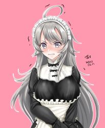 Rule 34 | 1girl, ahoge, alternate costume, apron, artist name, black dress, blush, breasts, clenched teeth, dated, dress, enmaided, grey eyes, kantai collection, large breasts, long hair, long sleeves, maid, maid apron, maid headdress, pink background, signature, silver hair, simple background, solo, teeth, tk8d32, upper body, washington (kancolle), white apron