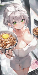 Rule 34 | 1girl, bare shoulders, bow hairband, bowl, breasts, chopsticks, cleavage, closed mouth, collarbone, cowboy shot, egg, food, green eyes, grey hair, hairband, highres, holding, holding bowl, holding food, hololive, indoors, large breasts, looking at viewer, myung yi, naked towel, official art, shirogane noel, short hair, sidelocks, smile, solo, thighs, towel, virtual youtuber, wet, wet hair, white hairband, white towel