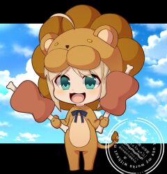 1girl animal_costume artoria_pendragon_(fate) blonde_hair blue_eyes boned_meat chibi fate_(series) food full_body highres hirakawa holding holding_food lion_costume meat open_mouth saber_lion solo watermark