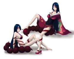 Rule 34 | 00s, 2girls, adiane, barefoot, bikini, blue hair, breasts, cleavage, dress, eyepatch, female focus, fern (h-f), high heels, japanese clothes, kimono, large breasts, lipstick, long hair, makeup, multiple girls, nail polish, red eyes, red nails, scorpion tail, shoes, sitting, smile, swimsuit, tail, tattoo, tengen toppa gurren lagann, time paradox