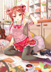 Rule 34 | 1girl, :d, black footwear, black legwear, blush, boots, bow, bowtie, bracelet, brown hair, cafe-chan to break time, cafe (cafe-chan to break time), candy, chocolate, coffee, coffee bean hair ornament, coffee cup, cup, disposable cup, double bun, food, hair bow, hair bun, heart, instrument, jacket, jewelry, lollipop, necklace, on floor, open mouth, pink bow, pink bowtie, plant, porurin (do-desho), potted plant, shelf, shoes, short sleeves, sidelocks, single boot, single shoe, sitting, skirt, smile, solo, spoon, sugar cube, unworn boot, unworn boots, violin, window, yellow eyes
