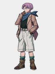 Rule 34 | 1boy, black shirt, blue eyes, boots, brown coat, brown gloves, coat, dragon ball, dragon ball gt, full body, gloves, hand in pocket, kemachiku, looking at viewer, male focus, purple hair, shirt, short hair, shorts, simple background, solo, standing, trunks (dragon ball), white shorts