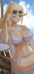 Rule 34 | 1girl, adjusting eyewear, alternate costume, arm up, beach, bikini, blonde hair, blush, breasts, chair, cleavage, cloud, cup, earrings, food, fruit, glowing, highres, jewelry, juice, large breasts, lemon, long hair, looking at viewer, mature female, mebi il, mythra (xenoblade), navel, nintendo, ocean, one eye closed, ponytail, sand, shadow, shiny skin, sitting, sky, solo, source request, sunglasses, sunglasses on head, swept bangs, swimsuit, table, tongue, tongue out, umbrella, wet, white bikini, xenoblade chronicles (series), xenoblade chronicles 2, yellow eyes