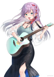 Rule 34 | 1girl, :d, black skirt, blue camisole, blue eyes, blush, bow, breasts, camisole, cleavage, collared shirt, commentary request, dress shirt, fang, feet out of frame, guitar, holding, holding instrument, instrument, long hair, medium breasts, midorikawa you, mole, mole on breast, music, off shoulder, open clothes, open mouth, open shirt, original, playing instrument, puffy short sleeves, puffy sleeves, purple hair, red bow, red ribbon, ribbon, ribbon braid, shirt, short sleeves, simple background, skirt, smile, solo, standing, twitter username, very long hair, white background, white shirt