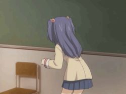 Rule 34 | 00s, 1girl, animated, animated gif, clannad, from behind, hair bobbles, hair ornament, ichinose kotomi, long hair, lowres, nandeyanen, school uniform, screencap, solo, two side up