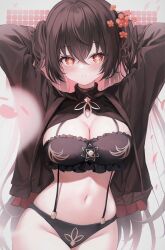 Rule 34 | 1girl, ai-assisted, alternate breast size, arms up, bad id, bad pixiv id, bikini, black bikini, black jacket, blush, breasts, brown hair, cleavage, closed eyes, genshin impact, ghost, highres, hu tao (genshin impact), jacket, jumpsuit, large breasts, looking at viewer, navel, open clothes, open jacket, open mouth, red eyes, smile, solo, star-shaped pupils, star (symbol), swimsuit, symbol-shaped pupils, twintails, un uk