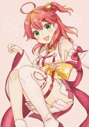 Rule 34 | 1girl, ahoge, armpits, bare shoulders, bell, blush, breasts, bridal garter, cherry blossom print, collar, detached sleeves, floral print, frills, green eyes, hair bell, hair ornament, hairclip, highres, hololive, long hair, looking at viewer, mizutamako, nontraditional miko, one side up, open mouth, paw pose, paw print, paw print pattern, pink background, pink hair, red collar, sakura miko, sakura miko (1st costume), sideboob, single thighhigh, solo, thighhighs, virtual youtuber, white thighhighs
