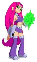 Rule 34 | 1girl, alternate color, alternate skin color, arm up, boots, colored sclera, colored skin, dc comics, green eyes, green sclera, highres, long hair, midriff, navel, orange skin, parted lips, pink hair, purple thighhighs, shirt, simple background, sleeveless, sleeveless shirt, smile, solo, starfire, teen titans, thigh boots, thighhighs, very long hair, white background, whitewashed, yuta agc