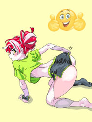Rule 34 | 1girl, absurdres, all fours, black shorts, emoji, gurumie, hair bun, highres, hololive, hololive indonesia, kureiji ollie, multicolored hair, red hair, shorts, solo, two-tone hair, virtual youtuber, zombie