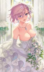 Rule 34 | 1girl, :d, alternate costume, bare shoulders, blush, bouquet, breasts, bride, church, cleavage, collarbone, day, dress, earrings, elbow gloves, fate/grand order, fate (series), flower, frills, gloves, hair flower, hair ornament, hair over one eye, highres, holding, holding bouquet, indoors, jewelry, large breasts, layered dress, lily (flower), long hair, looking at viewer, mash kyrielight, necklace, open mouth, pink hair, purple eyes, sage joh, short hair, skindentation, smile, solo, strapless, strapless dress, sunlight, wedding dress, white dress, white gloves, white theme, window