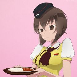 Rule 34 | 10s, 1girl, alternate costume, bad id, bad pixiv id, brown eyes, brown hair, chimaki (u9works), coco&#039;s, food, garrison cap, girls und panzer, hat, name tag, nishizumi maho, pink background, ribbon, simple background, solo, waitress
