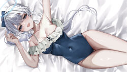 Rule 34 | 1girl, absurdres, arm up, armpits, bare arms, bare shoulders, bed sheet, black one-piece swimsuit, blue archive, blue bow, blue halo, blush, bow, breasts, cleavage, collarbone, covered navel, cowboy shot, fang, frilled one-piece swimsuit, frills, grey hair, groin, hair between eyes, hair bow, halo, highres, indoors, long hair, looking at viewer, lying, medium breasts, miyako (blue archive), miyako (swimsuit) (blue archive), off-shoulder one-piece swimsuit, off shoulder, official alternate costume, on back, on bed, one-piece swimsuit, open mouth, ponytail, purple eyes, sidelocks, skin fang, solo, swimsuit, thighs, upper body, ya ta