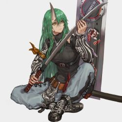 Rule 34 | 1girl, ankle boots, arknights, arm ribbon, belt, black footwear, black shirt, boots, breasts, brown belt, brown ribbon, chinese commentary, commentary request, green hair, grey background, grey pants, hair between eyes, hand up, highres, holding, holding sword, holding weapon, horns, hoshiguma (arknights), hoshiguma (ronin huntress) (arknights), indian style, jewelry, katana, long hair, long sleeves, medium breasts, necklace, official alternate costume, pants, ribbon, scabbard, sheath, shirt, simple background, single horn, sitting, solo, sword, weapon, yellow eyes, youzu (youzuyozu)