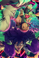 Rule 34 | 2boys, black hair, blue eyes, blue hair, boots, broly (dragon ball super), cropped jacket, dragon ball, dragon ball super, dragon ball super broly, facial scar, fusion, gogeta, green eyes, highres, long hair, looking at viewer, male focus, multiple boys, muscular, muscular male, obliques, open mouth, scar, scar on cheek, scar on face, sparkle, spiked hair, super saiyan, super saiyan blue, supobi, teeth