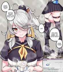 Rule 34 | 1girl, ahoge, black footwear, black shirt, black thighhighs, blonde hair, boots, breasts, closed mouth, cum, cum in container, cum in cup, cum pool, cum string, cup, english text, eyes visible through hair, futanari, futanari, grey background, grey hair, hair over one eye, highres, holding, holding saucer, huge testicles, large breasts, long hair, looking at viewer, multicolored hair, multiple views, penis, saucer, shirt, short sleeves, simple background, sirachi, smile, solo, speech bubble, standing, sweat, teacup, testicles, thigh strap, thighhighs, tower of fantasy, tsubasa (tower of fantasy), two-tone hair, uncensored, yellow eyes