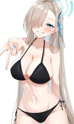 Rule 34 | 1girl, arm behind back, asuna (blue archive), asymmetrical bangs, bare arms, bare shoulders, bikini, black bikini, blue archive, blue eyes, blue halo, blue nails, blue ribbon, blush, breasts, cleavage, collarbone, commentary, cowboy shot, fingernails, gluteal fold, grin, groin, gyaru v, hair behind ear, hair over one eye, hair ribbon, halo, halterneck, hand up, highres, large breasts, light brown hair, long fingernails, long hair, looking at viewer, lryutanl, mole, mole on breast, nail polish, navel, one eye covered, outstretched arm, parted lips, ribbon, side-tie bikini bottom, simple background, smile, solo, standing, stomach, swimsuit, v, very long hair, white background