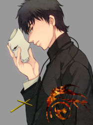 Rule 34 | 1boy, assassin (fate/zero), brown eyes, brown hair, command spell, cross, fate/stay night, fate/zero, fate (series), grey background, holding, kotomine kirei, male focus, mask, nishi juuji, profile, short hair, simple background, solo, uniform, upper body