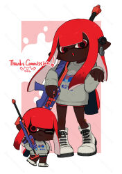 Rule 34 | 1girl, boots, border, chibi, chibi inset, closed mouth, commentary request, commission, coula cat, cross-laced footwear, dark-skinned female, dark skin, grey sweater, gun, holding, holding gun, holding weapon, inkling, inkling girl, inkling player character, long hair, looking at viewer, multiple views, nintendo, one eye closed, open mouth, outside border, pointy ears, print sweater, red background, red eyes, red hair, sleeves past wrists, smile, splatoon (series), splatoon 3, sweater, tentacle hair, thank you, very dark skin, weapon, white border, white footwear