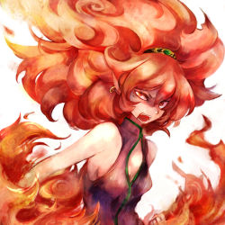 Rule 34 | 1girl, angry, fang, female focus, fire, flare (panel de pon), long hair, open mouth, panel de pon, red eyes, red hair, shaded face, solo, yokosuka220