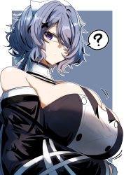 Rule 34 | 1girl, ?, arknights, bad anatomy, bare shoulders, black dress, blue hair, breasts, cleavage, commentary request, detached sleeves, dress, eyepatch, gin moku, hair ornament, hair over one eye, highres, huge breasts, looking at viewer, purple eyes, short hair, solo, spoken question mark, upper body, whisperain (arknights), white headwear, x hair ornament