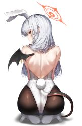 Rule 34 | 1girl, absurdres, alternate costume, animal ears, ass, black pantyhose, black tail, black wings, blue archive, braid, fake animal ears, fake tail, from behind, full body, grey hair, halo, haruna (blue archive), high heels, highres, kagi f, leotard, long hair, looking at viewer, looking back, pantyhose, playboy bunny, rabbit ears, rabbit tail, red eyes, red halo, side braid, simple background, single wing, solo, strapless, strapless leotard, tail, white background, white footwear, white leotard, wings