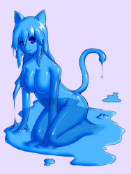 Rule 34 | animal ears, blue eyes, blue hair, blue skin, breasts, cat ears, cat tail, colored skin, monster girl, no nipples, puddle, slime girl, tail