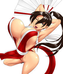 Rule 34 | 1girl, bouncing breasts, breasts, covered erect nipples, fatal fury, hand fan, large breasts, ml, no bra, one eye closed, open mouth, ponytail, shiranui mai, simple background, smile, solo, white background, wink