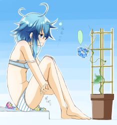 Rule 34 | 10s, 1girl, asymmetrical hair, azumaya (miyui001), bad id, bad pixiv id, barefoot, blue background, blue eyes, blue flower, blue hair, bra, flower, flower pot, flower request, from side, full body, highres, hugging own legs, kantai collection, knees up, looking away, messy hair, minazuki (kancolle), morning glory, outline, panties, plant, profile, sad, sandals, sitting, solo, strap slip, striped bra, striped clothes, striped panties, trellis, underwear, underwear only, unworn sandals, wavy mouth