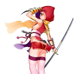 Rule 34 | 1girl, absurdres, armband, ass, breasts, butt crack, elbow gloves, from side, gloves, green eyes, highres, hood, japanese clothes, katana, looking back, lucknight, microskirt, ninja, original, sideboob, skirt, small breasts, solo, sword, thighhighs, thighs, weapon