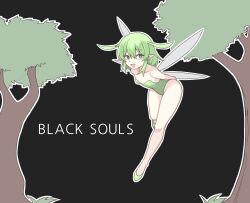 Rule 34 | 1girl, antenna hair, black background, black souls, breasts, fairy, fairy wings, green eyes, green footwear, green hair, green leotard, highres, jamble04126992, leaf (black souls), leotard, medium hair, open mouth, pointy ears, shoes, simple background, small breasts, smile, solo, strapless, strapless leotard, wings