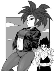 Rule 34 | 1boy, 1girl, breasts, crop top, dougi, dragon ball, dragon ball super, earrings, greyscale, hands in pockets, jacket, jewelry, kefla (dragon ball), looking at viewer, midriff, monochrome, navel, pants, ponytail, potara earrings, rom (20), sash, spiked hair, vegetto