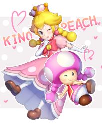 Rule 34 | 2girls, ;), blonde hair, bow, braid, brown footwear, character name, crown, dress, earrings, elbow gloves, finger to mouth, gloves, gonzarez, grey eyes, heart, highres, jewelry, looking at viewer, mario (series), multiple girls, new super mario bros. u deluxe, nintendo, one eye closed, outline, pantyhose, peachette, pearl earrings, pink dress, puffy short sleeves, puffy sleeves, short sleeves, smile, super crown, toadette, twin braids, twintails, vest, white gloves, white outline